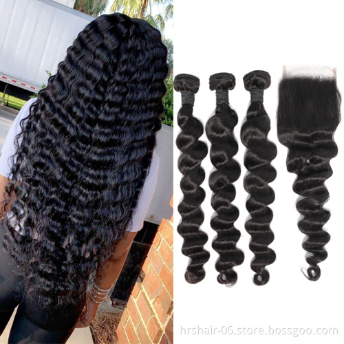 Peruvian  human hair bundles with closure deep wave hair extension unprocessed natural color 4x4 lace closure with 3 bundles
